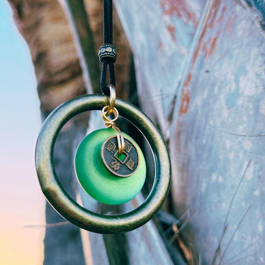 Sea Glass Car Charm: Dragon Lucky Coin Amulet - Wheel of Fortune Protection