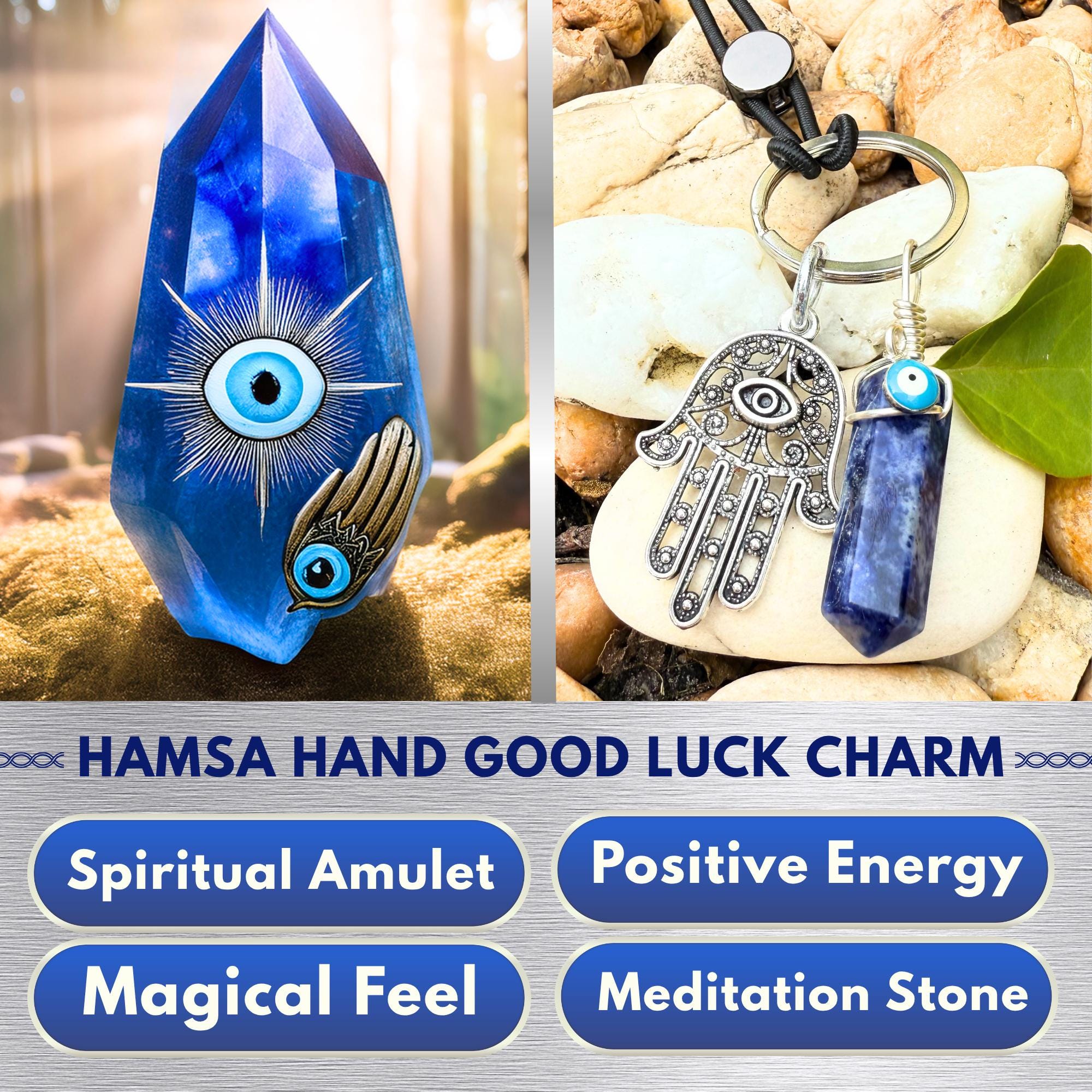 Sodalite Crystal Hamsa Hand Keychain – Evil Eye Car Charm Amulet