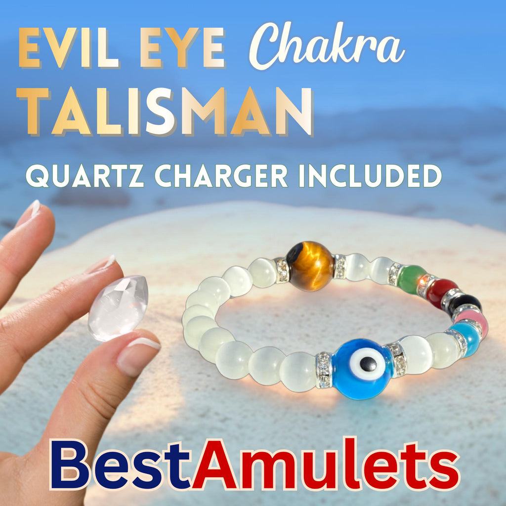 Chakra and Evil Eye Protection Amulet Bracelet - White Cats Eye Divine Light Spiritual Talisman - Tiger Eye & Reiki Crystals Gift for Women