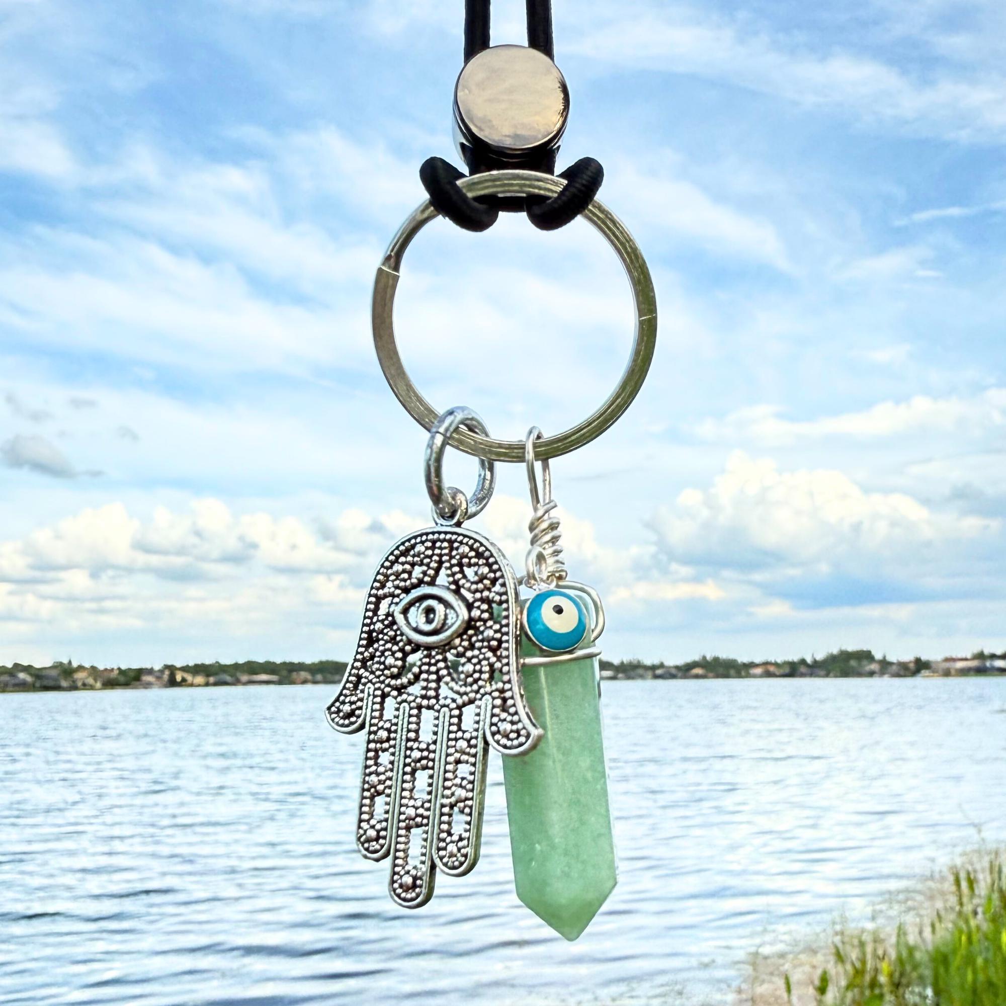 Money Talisman Hamsa Hand Keychain - Green Quartz Crystal - Evil Eye Amulet