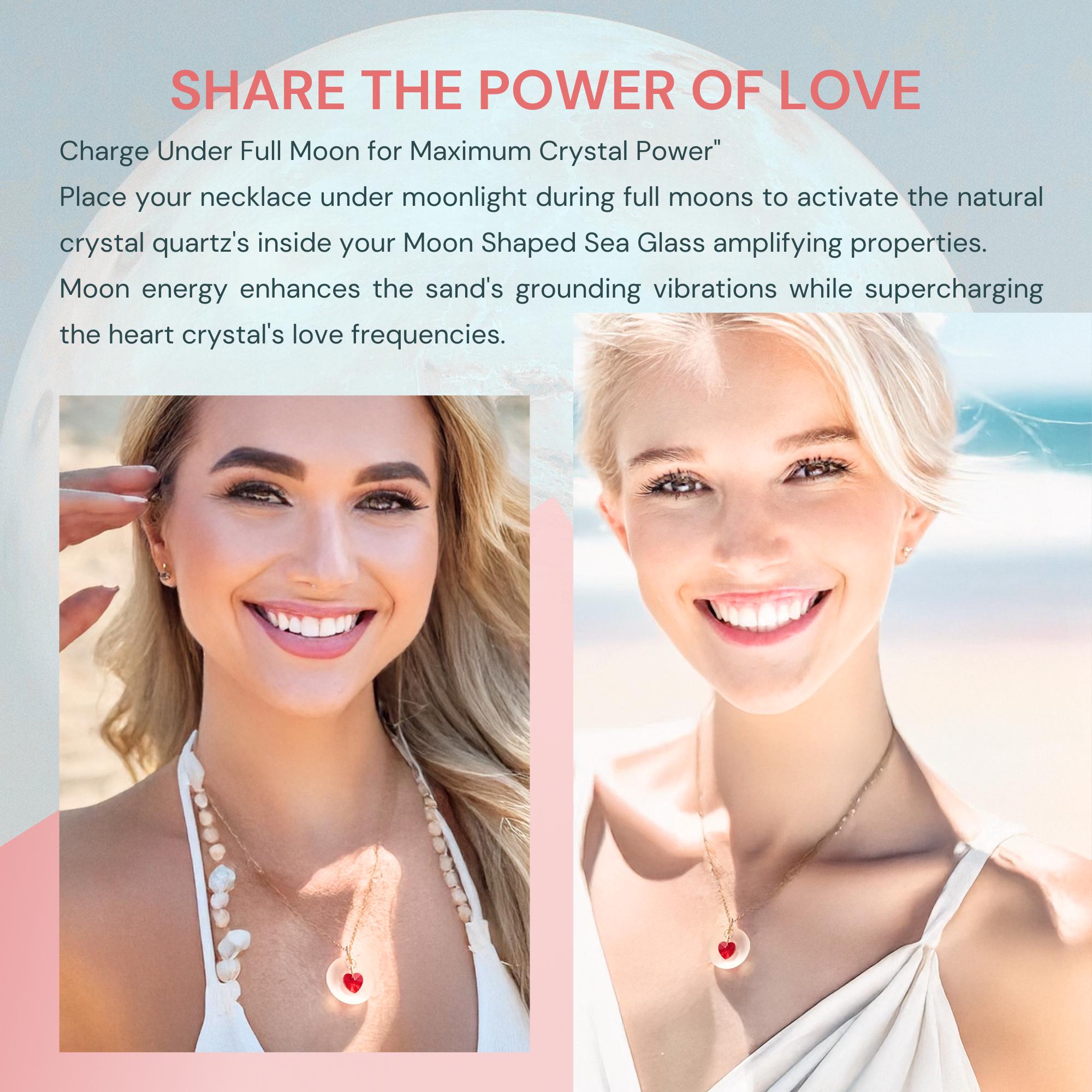 Sea Glass Moon Necklace - Red Crystal Heart Amulet - Beach Fashion