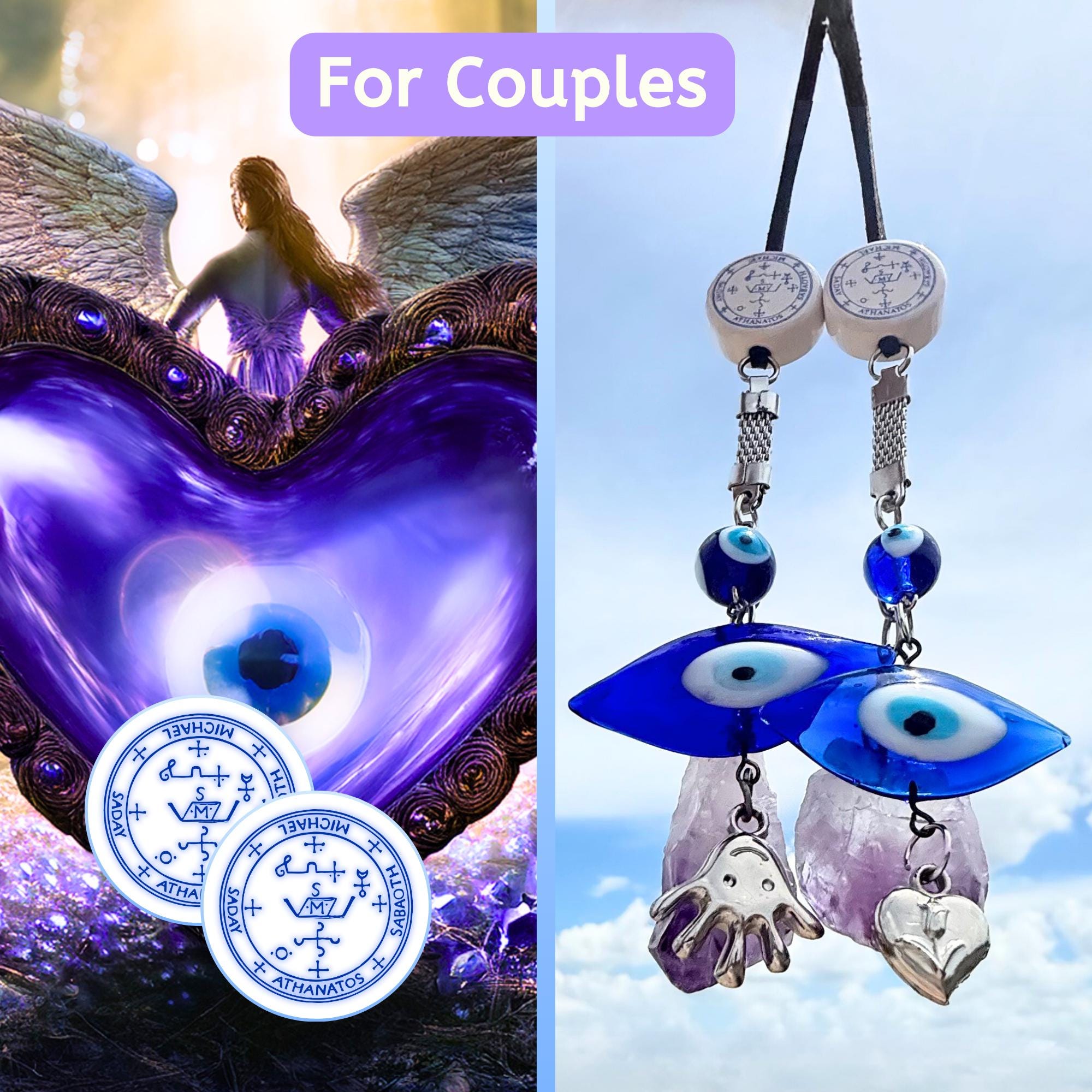Archangel Michael Car Charm: Amethyst Evil Eye Amulet - King Solomon Sigil