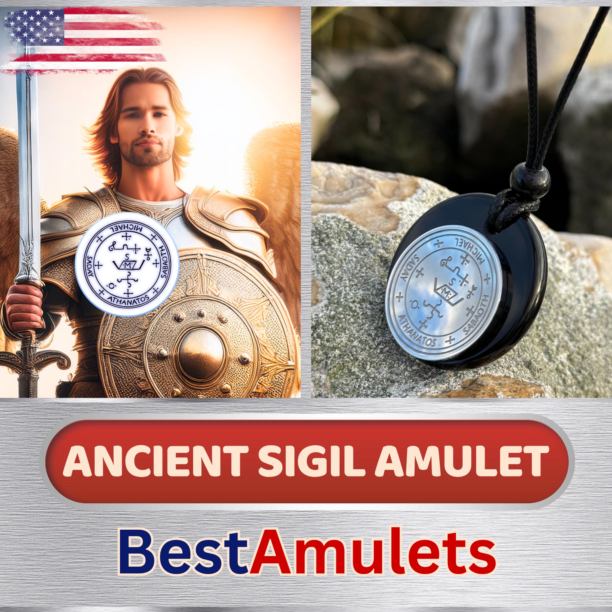 Archangel Sigil Amulet Necklace - Michael Gabriel Raphael Uriel - Genuine Black Agate Medallion