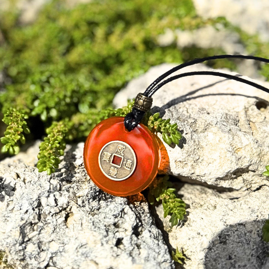 Carnelian Lucky Coin Necklace - Brass Fortune Amulet Adjustable Choker