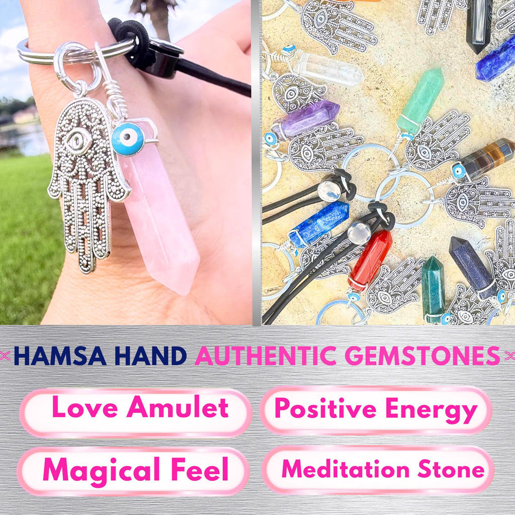 Love Amulet Hamsa Hand Keychain - Rose Quartz Crystal - Evil Eye Talisman - Car Hanging Ornament