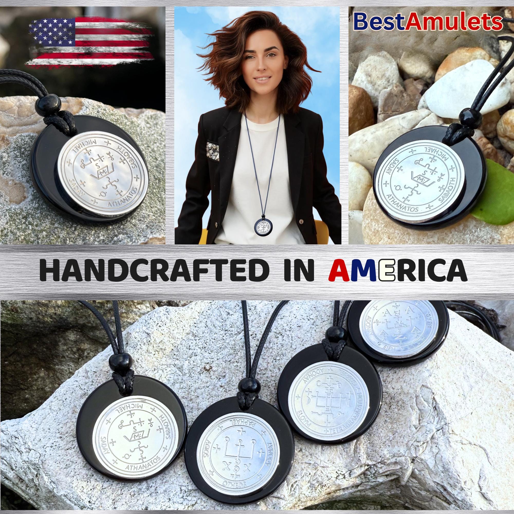 Archangel Sigil Amulet Necklace - Michael Gabriel Raphael Uriel - Genuine Black Agate Medallion