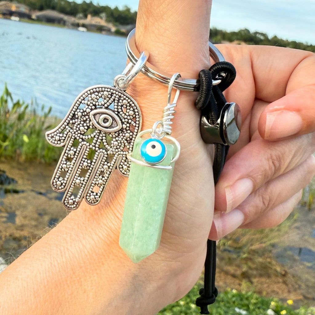 Money Talisman Hamsa Hand Keychain - Green Quartz Crystal - Evil Eye Amulet