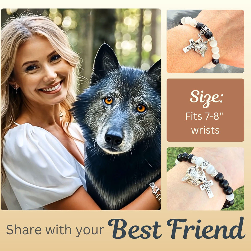 Wolf & Cross Gemstone Bracelet – Spiritual Amulet Jewelry Gift for Women