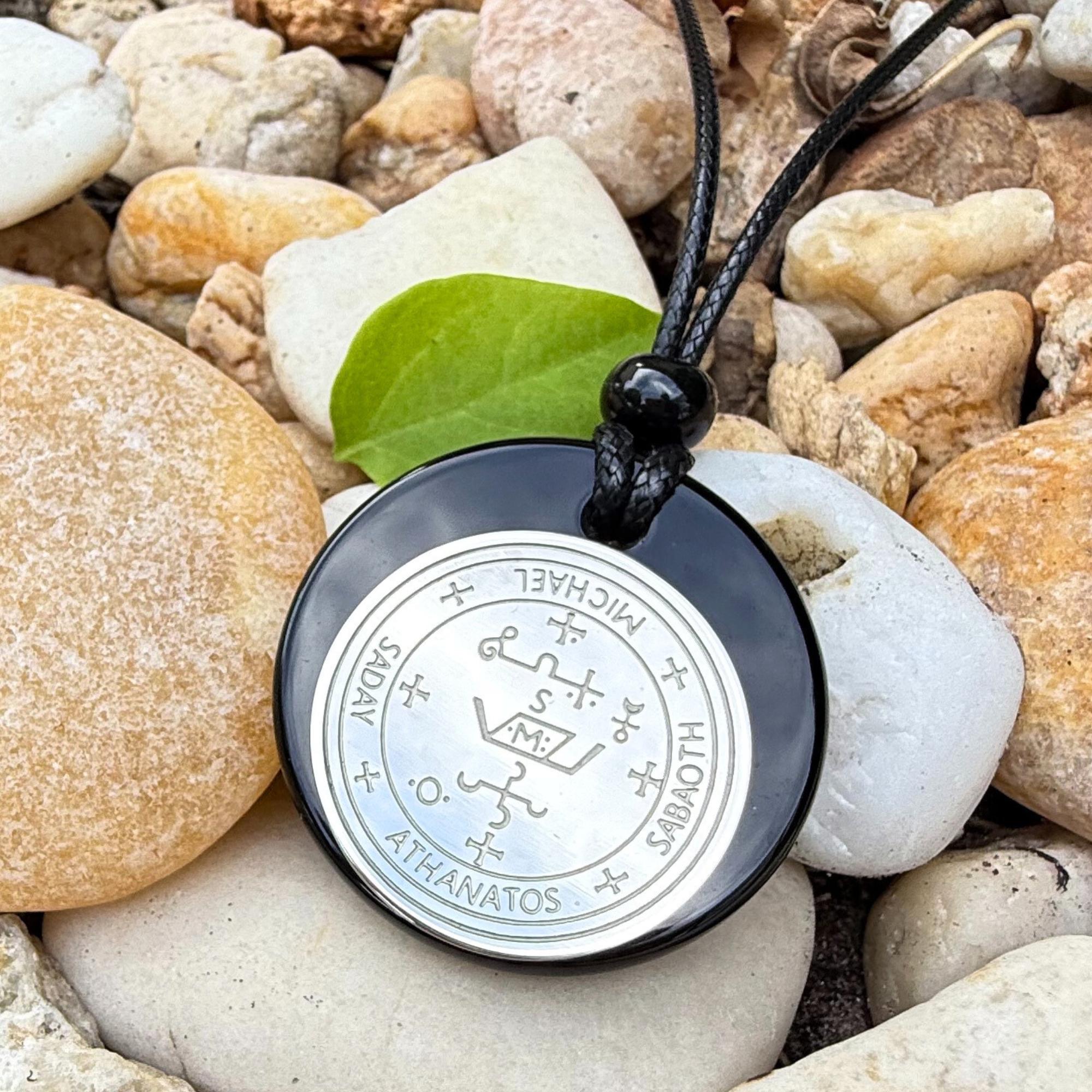 Archangel Sigil Amulet Necklace - Michael Gabriel Raphael Uriel - Genuine Black Agate Medallion