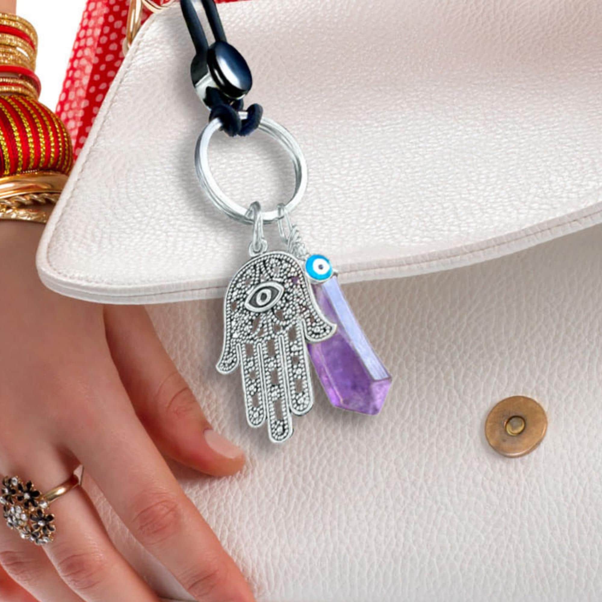 Amethyst Hamsa Hand Keychain – Evil Eye Protection Amulet - Car Hanging Ornament
