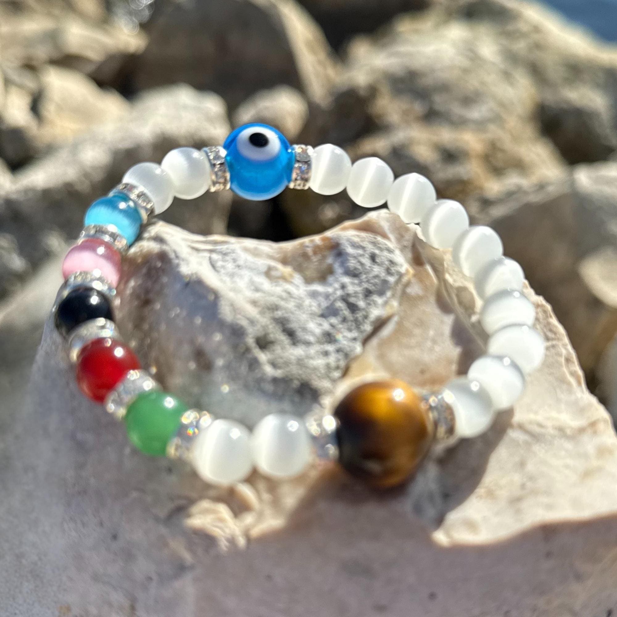 Chakra and Evil Eye Protection Amulet Bracelet - White Cats Eye Divine Light Spiritual Talisman - Tiger Eye & Reiki Crystals Gift for Women