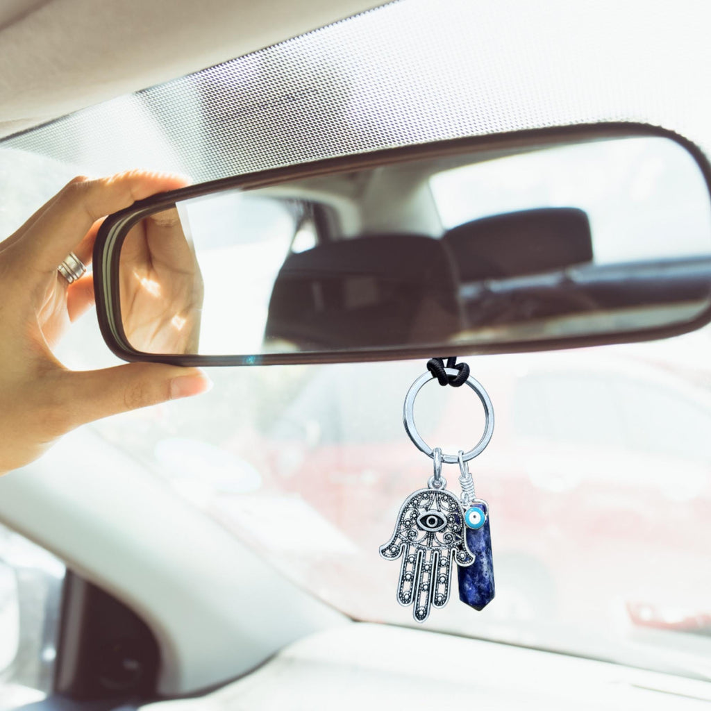 Sodalite Crystal Hamsa Hand Keychain – Evil Eye Car Charm Amulet