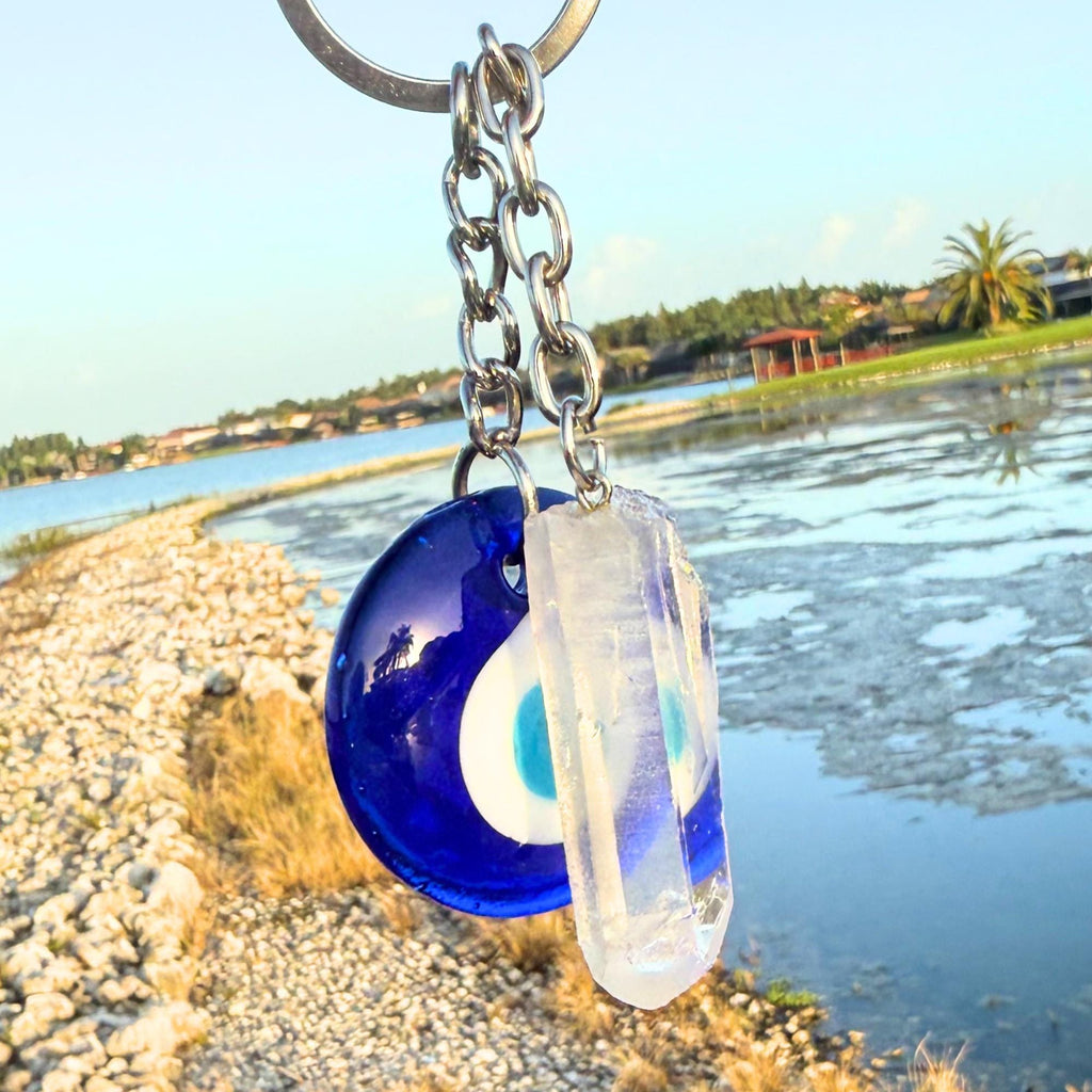 Evil Eye Keychain - Brazilian Quartz Crystal Amulet - Spiritual Protection Key Fob