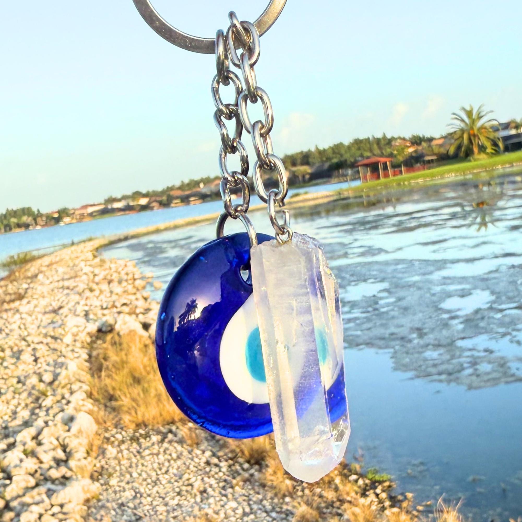 Evil Eye Keychain - Brazilian Quartz Crystal Amulet - Spiritual Protection Key Fob