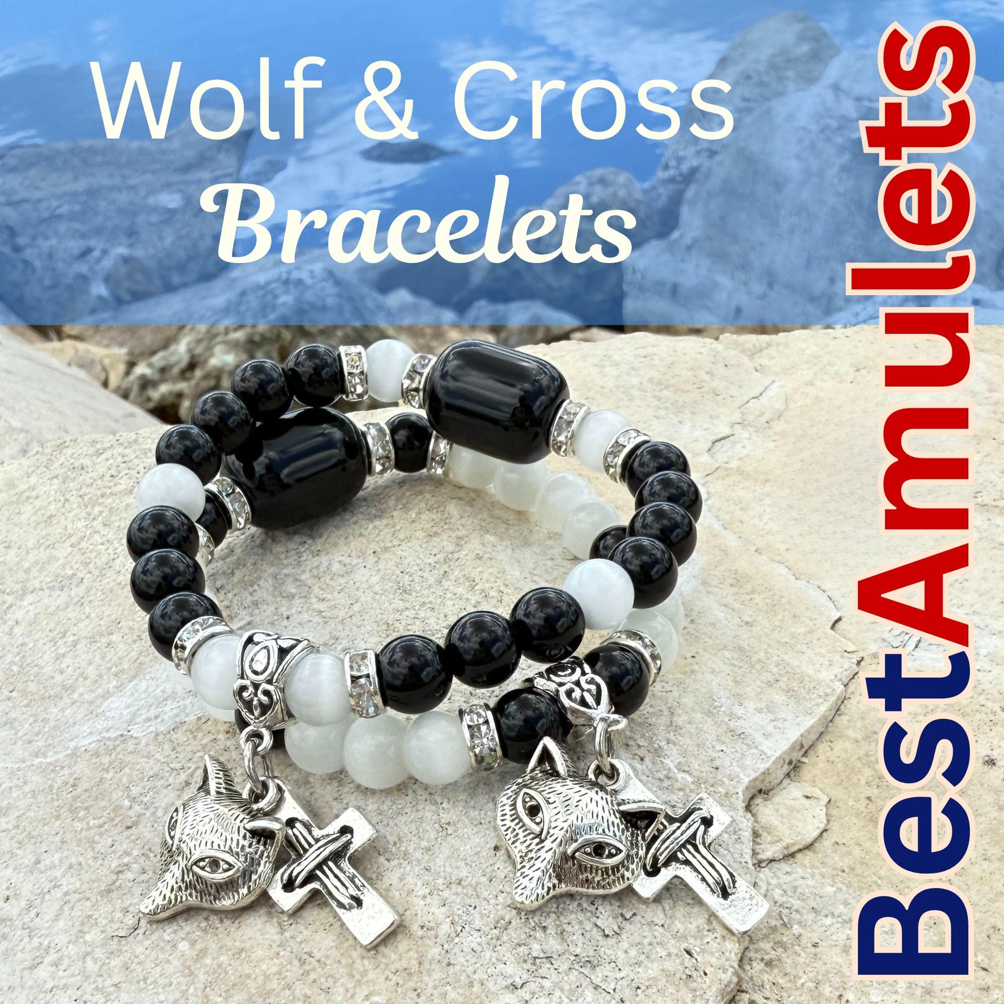 Wolf & Cross Gemstone Bracelet – Spiritual Amulet Jewelry Gift for Women