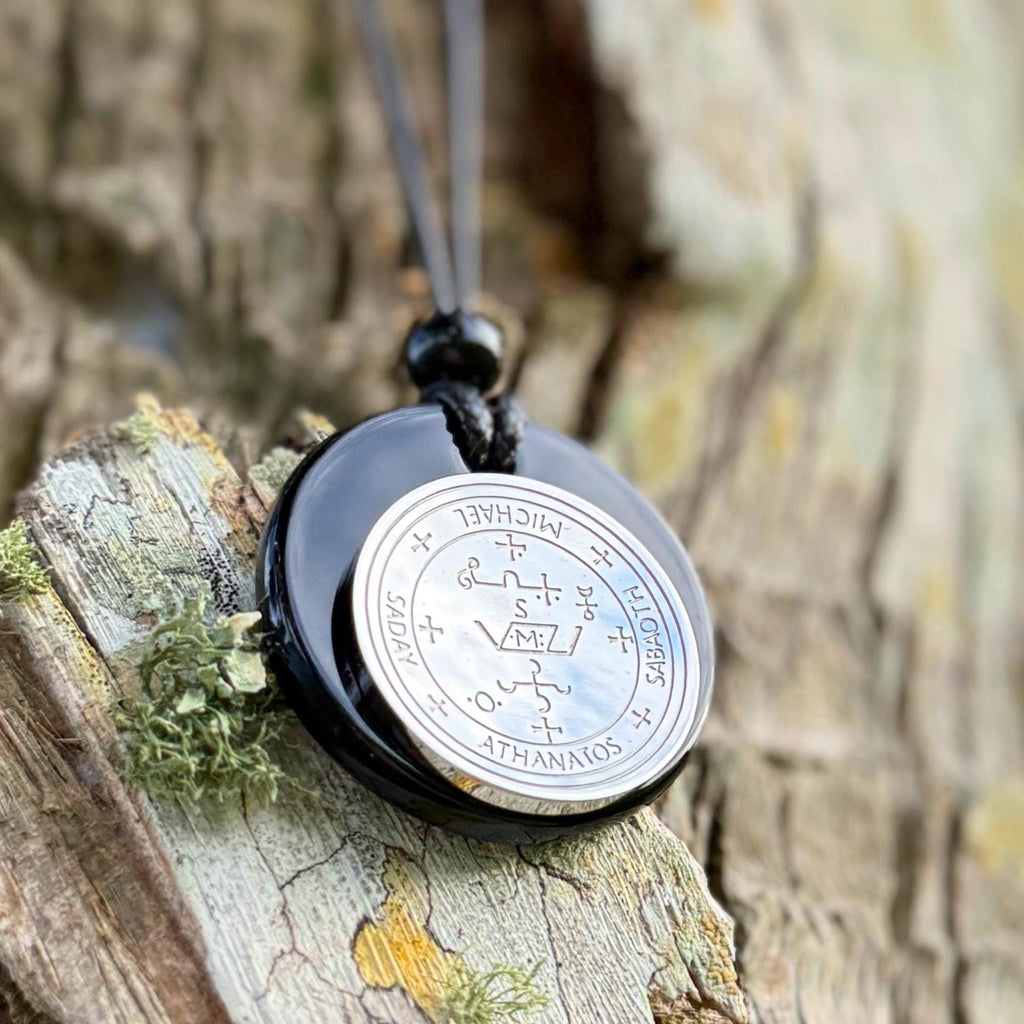 Archangel Sigil Amulet Necklace - Michael Gabriel Raphael Uriel - Genuine Black Agate Medallion