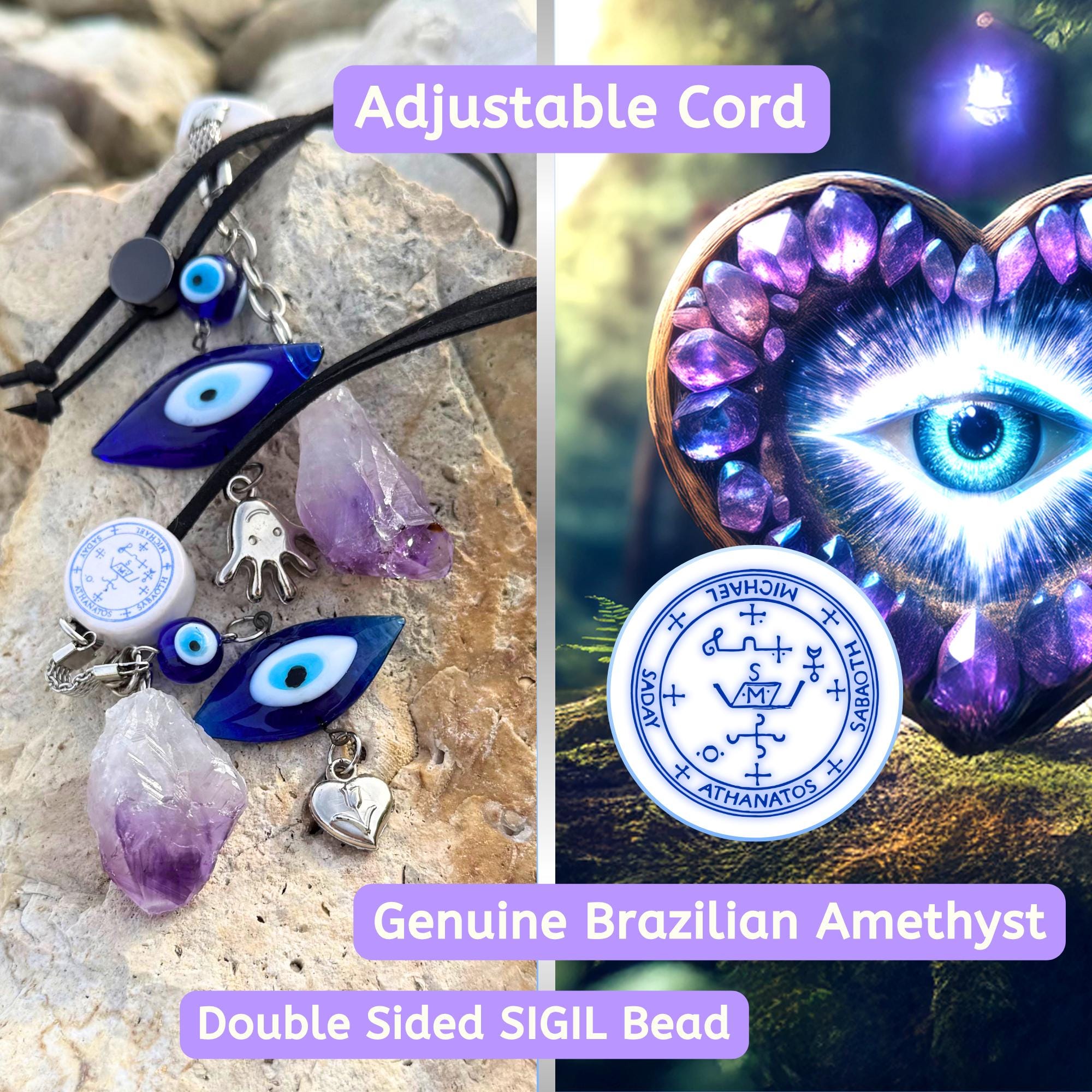 Archangel Michael Car Charm: Amethyst Evil Eye Amulet - King Solomon Sigil