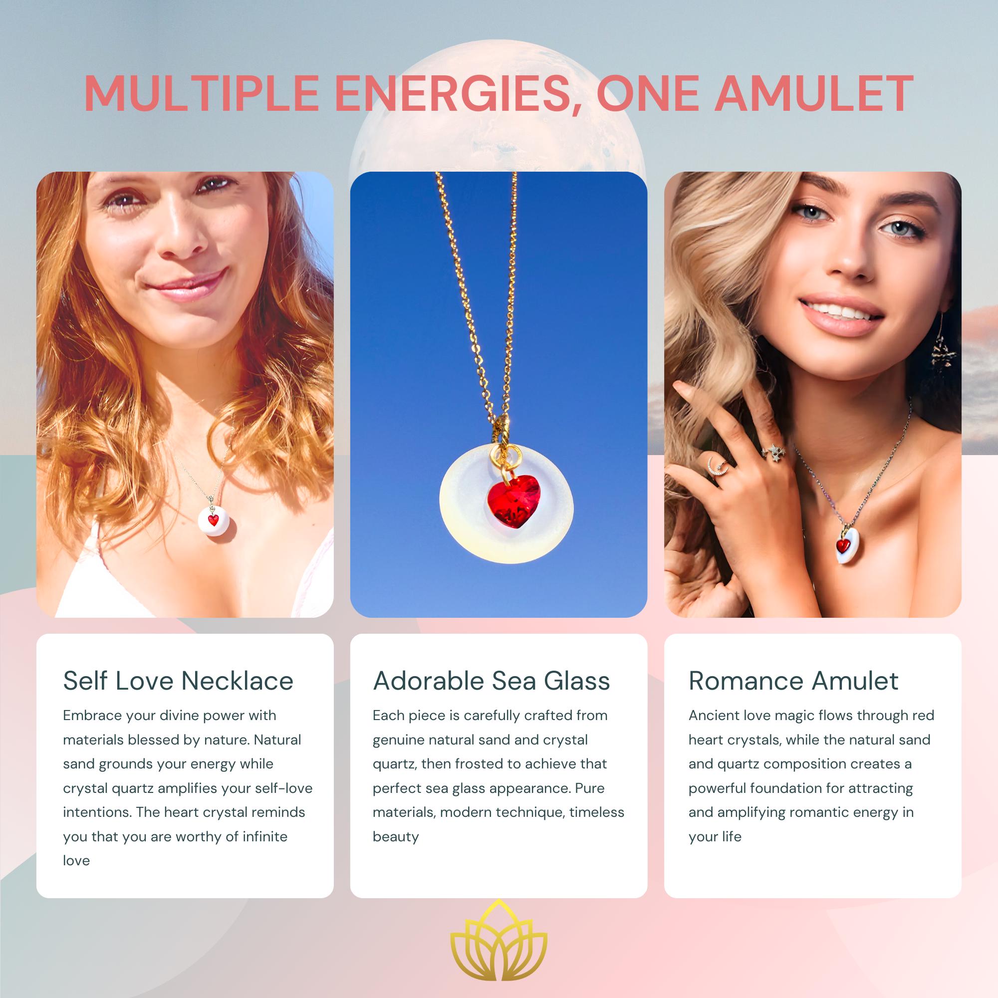 Sea Glass Moon Necklace - Red Crystal Heart Amulet - Beach Fashion