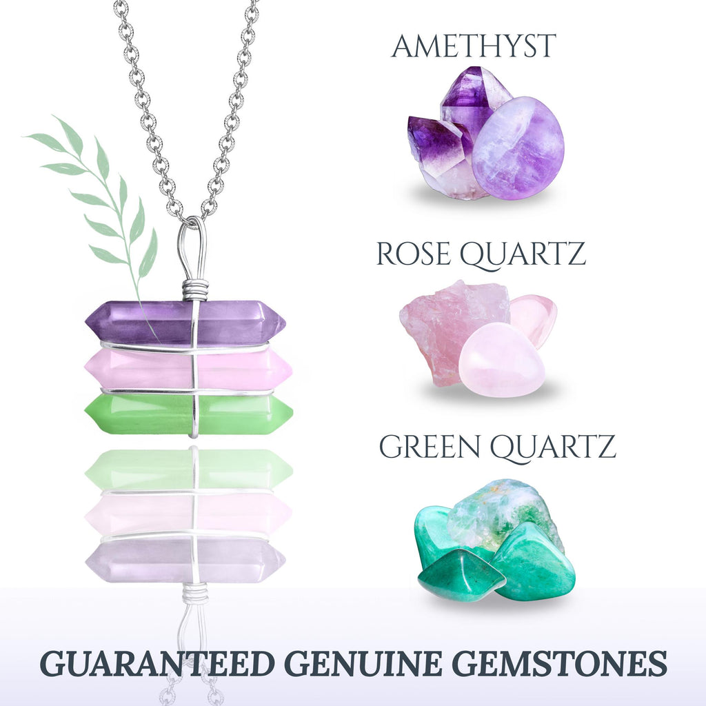 Triple Crystal Point Necklace - Amethyst, Rose & Green Quartz Amulet