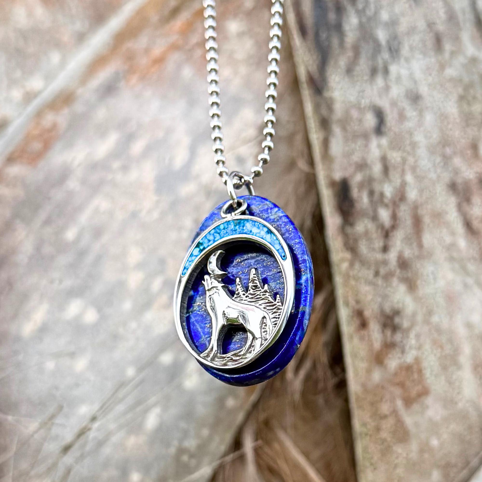 Lapis Lazuli Howling Wolf Necklace: Turquoise Moon Amulet