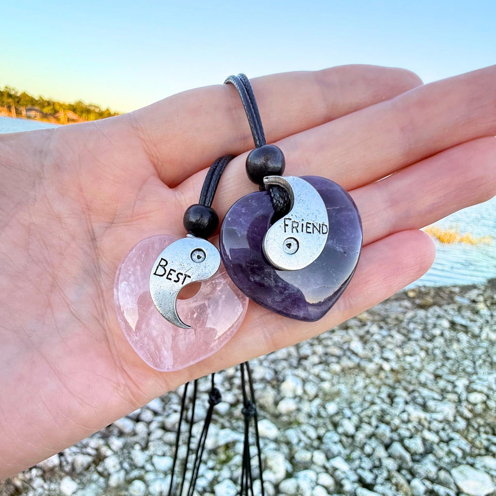 Amethyst and Rose Quartz Puffy Crystal Heart Donuts - Yin Yang Good Luck Friendship Amulets