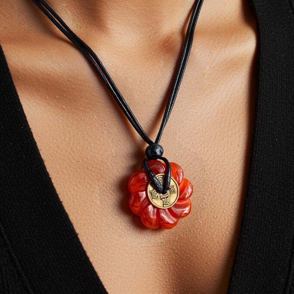 Celtic Lotus Carnelian Lucky Coin Donut Amulet Necklace - Feng Shui Spiritual Protection Energy Jewelry