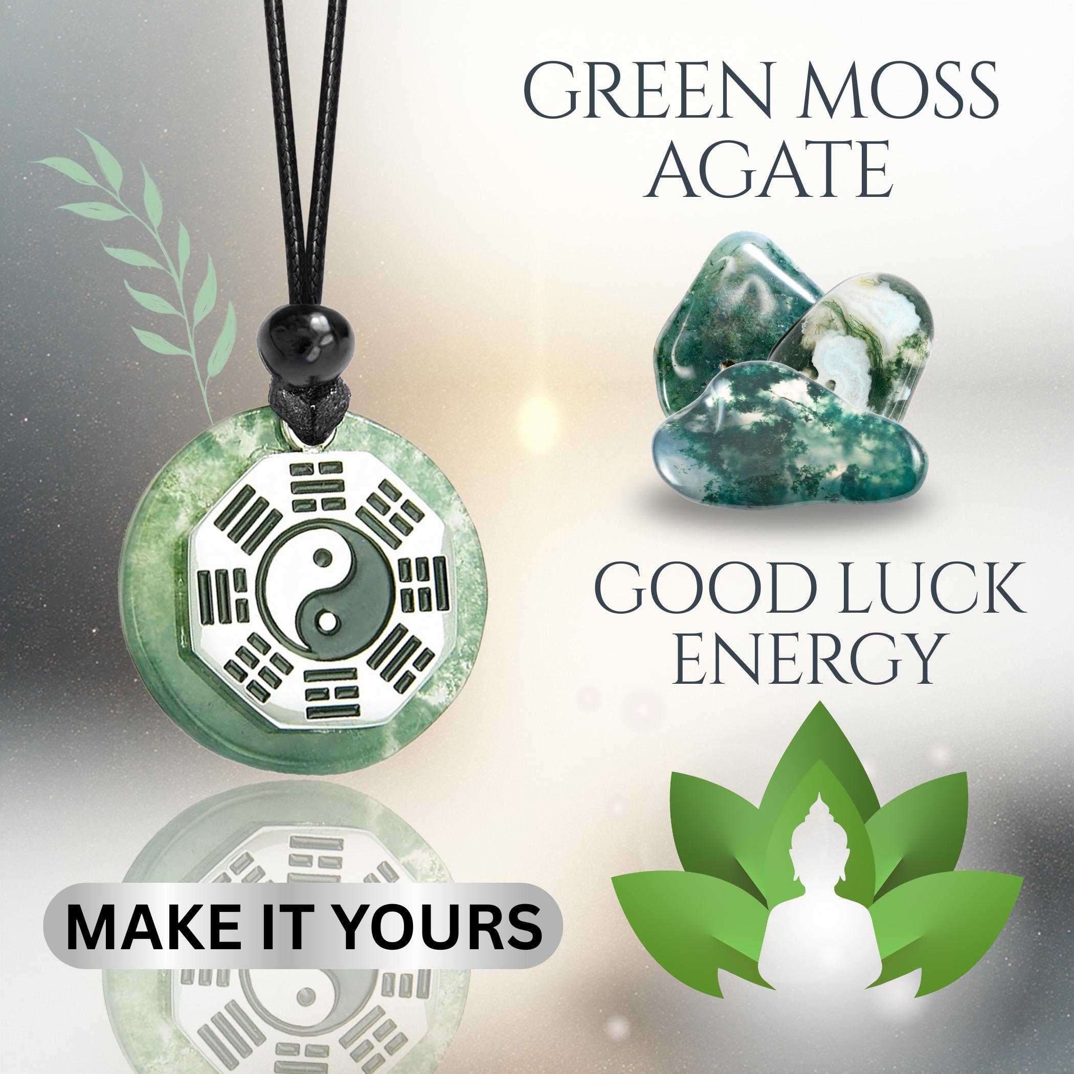 Green Moss Agate Yin Yang Amulet Necklace – Feng Shui BaGua Fortune Talisman Jewelry
