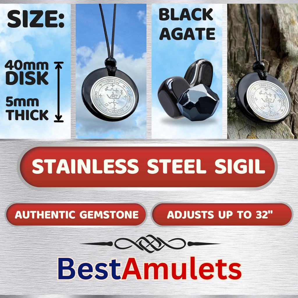 Archangel Sigil Amulet Necklace - Michael Gabriel Raphael Uriel - Genuine Black Agate Medallion