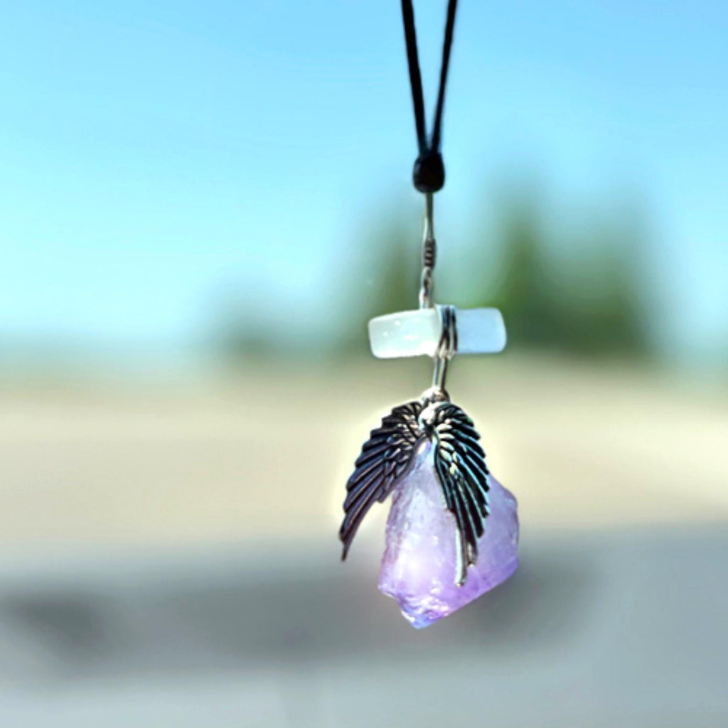 Amethyst Angel Wings Car Charm: Sea Glass Amulet - Travel Protection