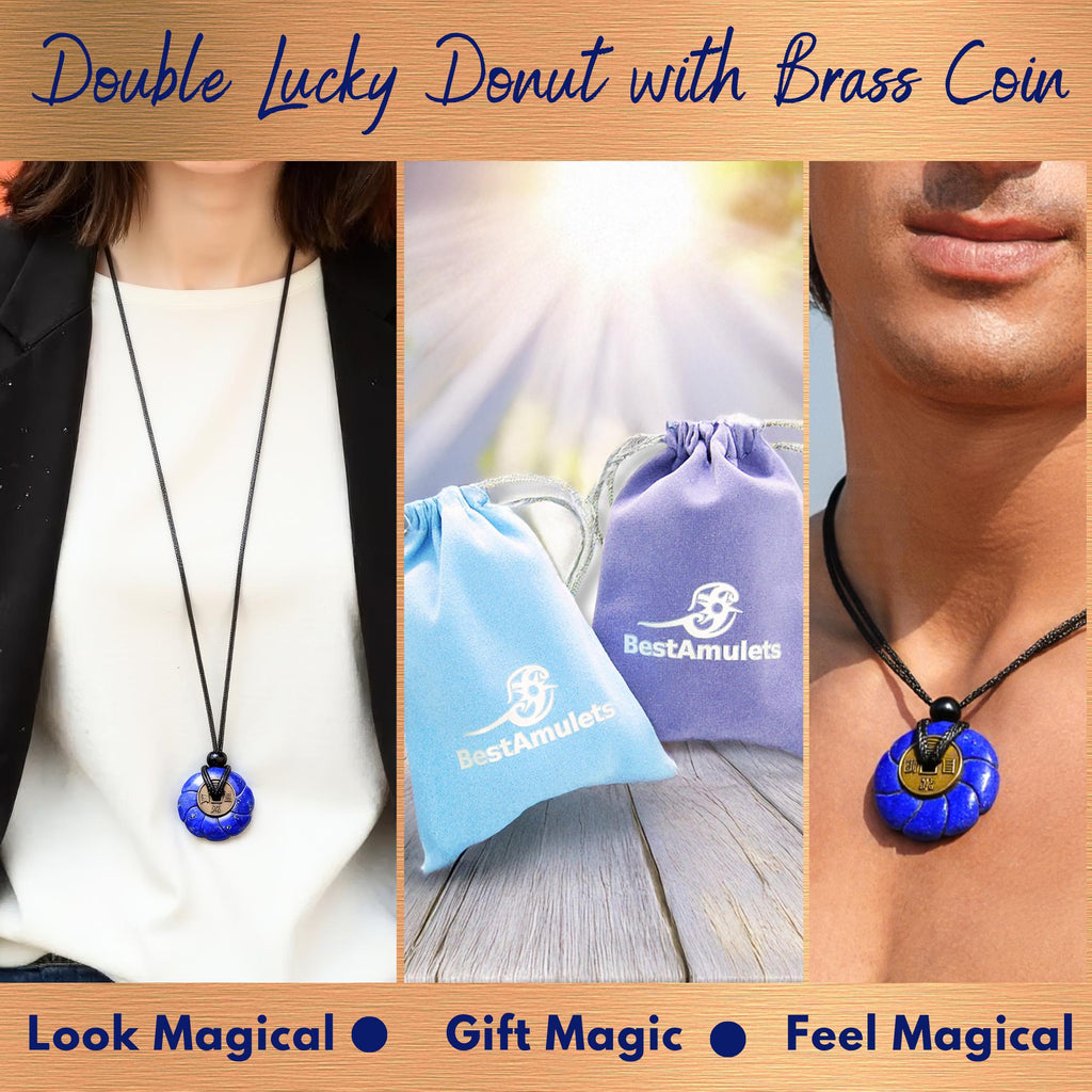 Lapis Lazuli Celtic Lotus Flower Lucky Coin Necklace Amulet - Feng Shui Spiritual Talisman