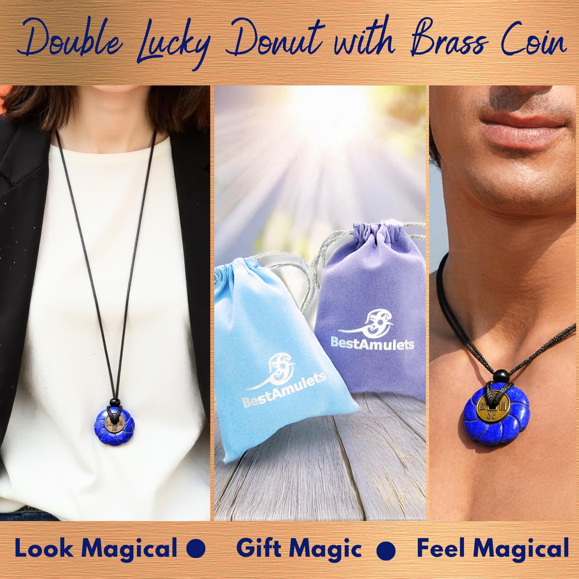 Lapis Lazuli Celtic Lotus Flower Lucky Coin Necklace Amulet - Feng Shui Spiritual Talisman