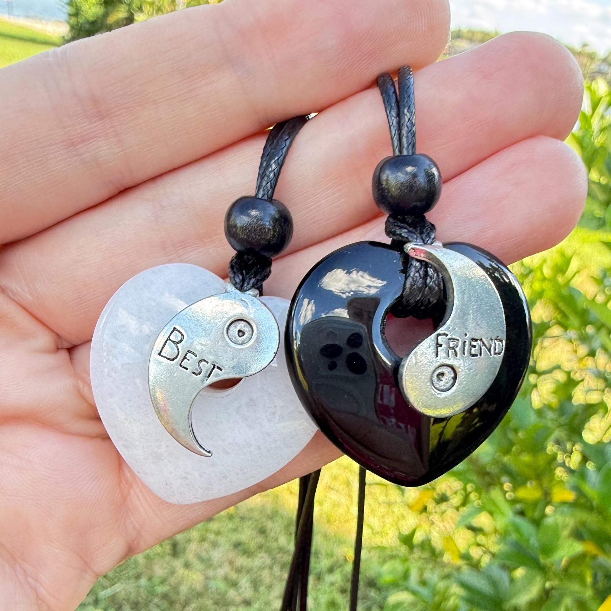 Yin Yang Heart Necklace Set – White Quartz & Black Agate Friendship Amulets