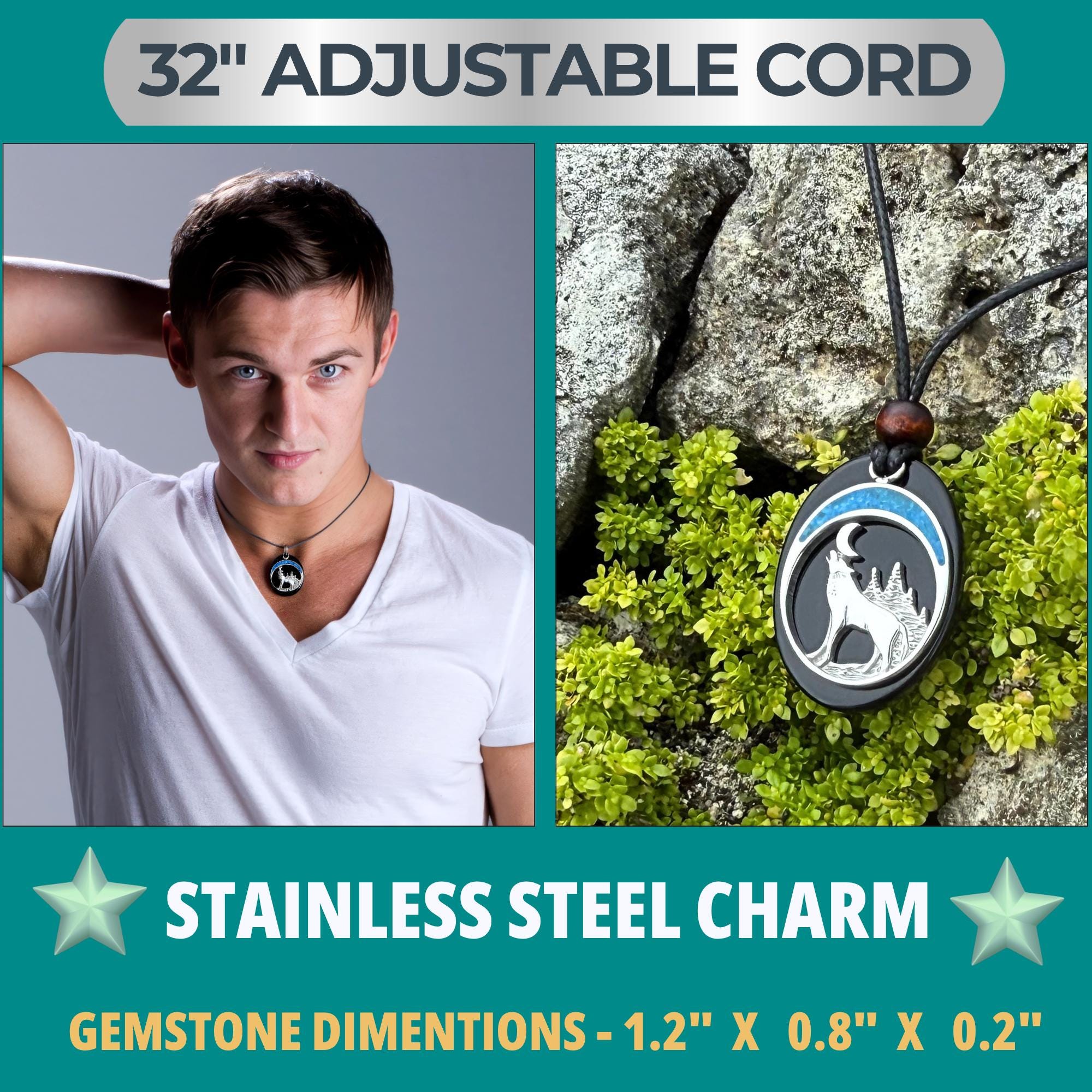 Howling Wolf Black Agate Necklace: Turquoise Accent, Native American Amulet