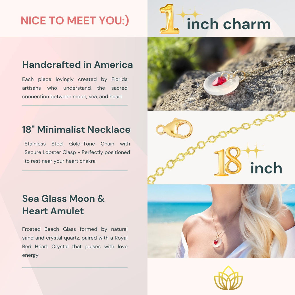 Sea Glass Moon Necklace - Red Crystal Heart Amulet - Beach Fashion