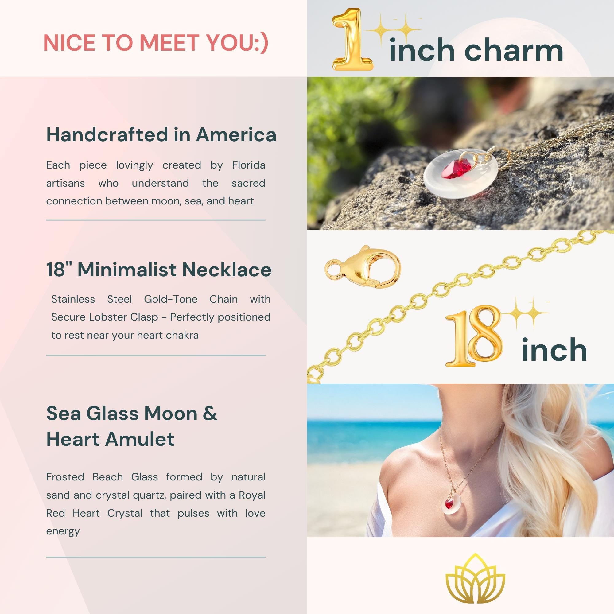 Sea Glass Moon Necklace - Red Crystal Heart Amulet - Beach Fashion