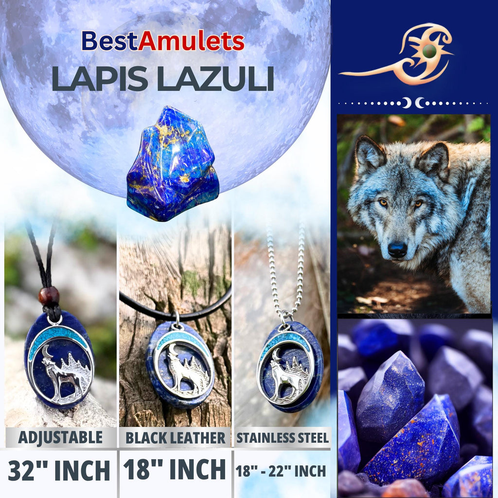 Lapis Lazuli Howling Wolf Necklace: Turquoise Moon Amulet