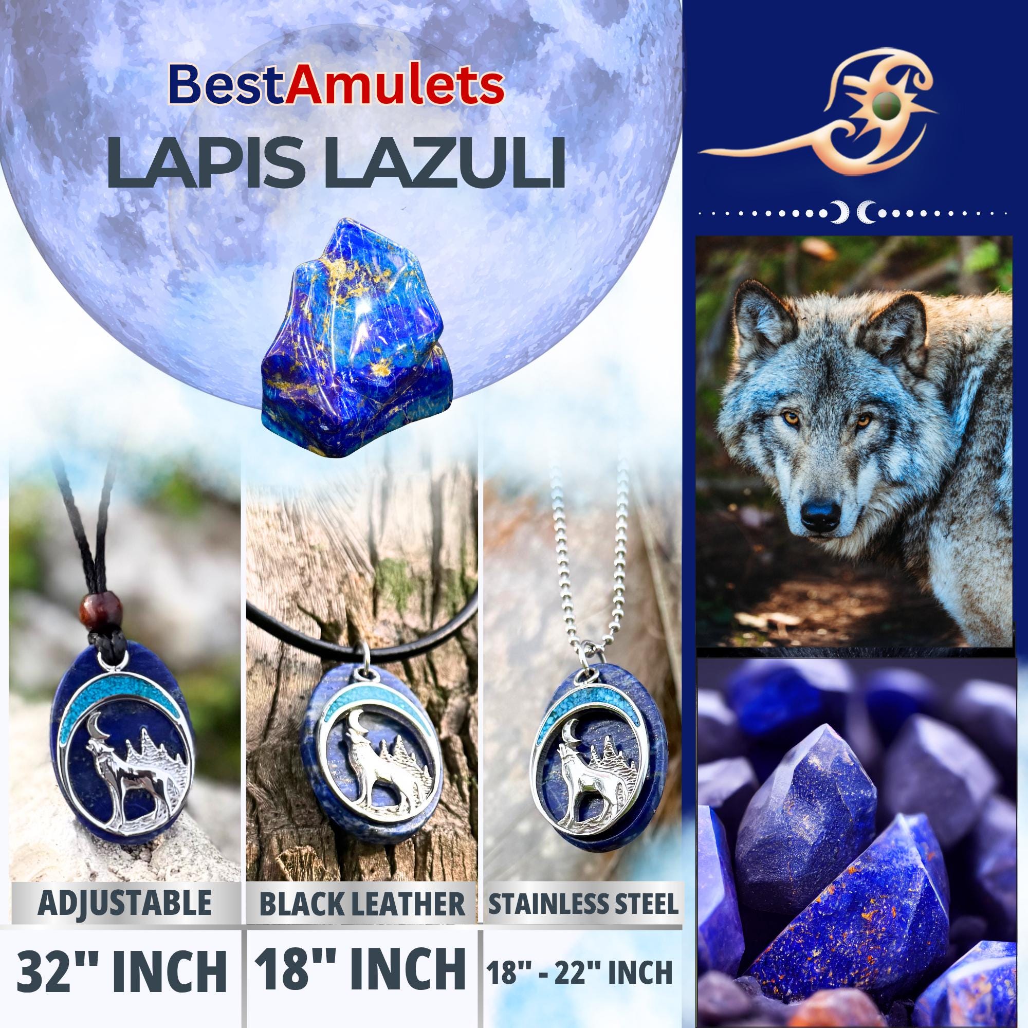 Lapis Lazuli Howling Wolf Necklace: Turquoise Moon Amulet