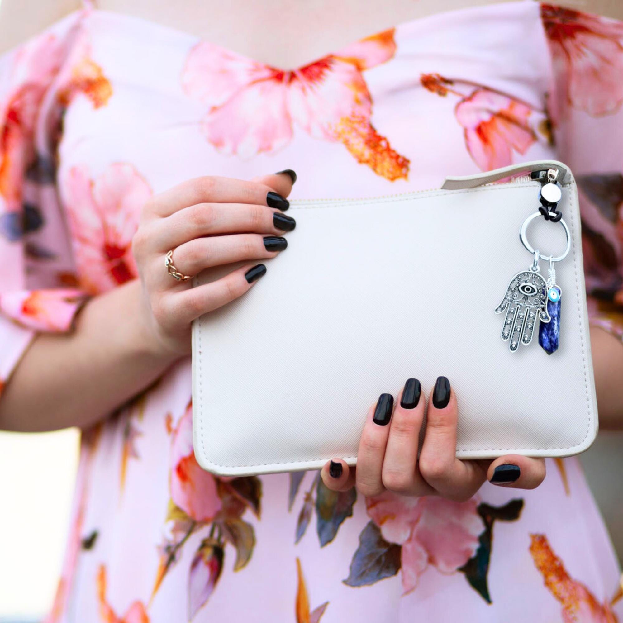 Sodalite Crystal Hamsa Hand Keychain – Evil Eye Car Charm Amulet