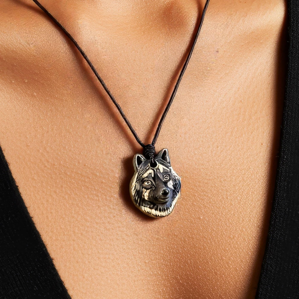 Hand-Painted Ceramic Wolf Totem Necklace: Spiritual Amulet Jewelry