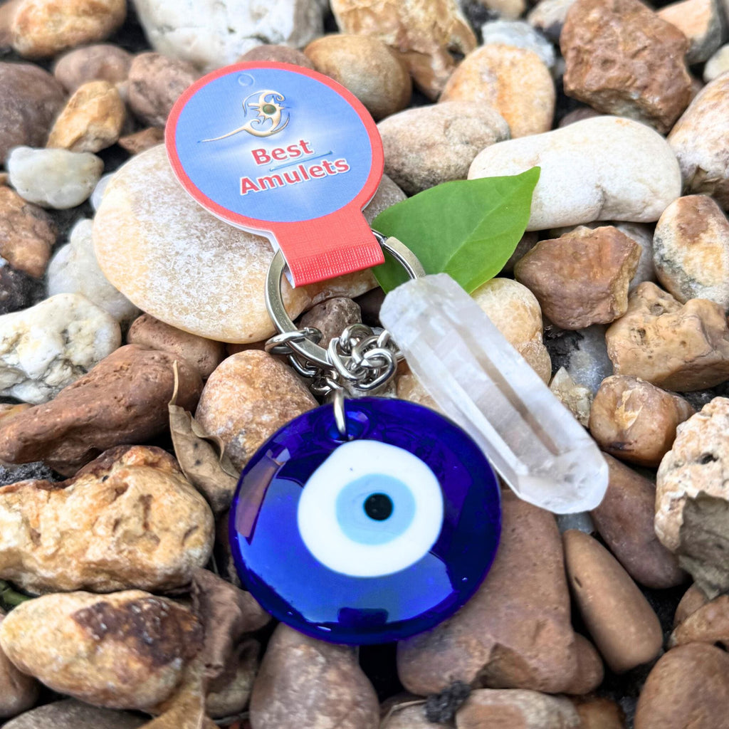 Evil Eye Keychain - Brazilian Quartz Crystal Amulet - Spiritual Protection Key Fob