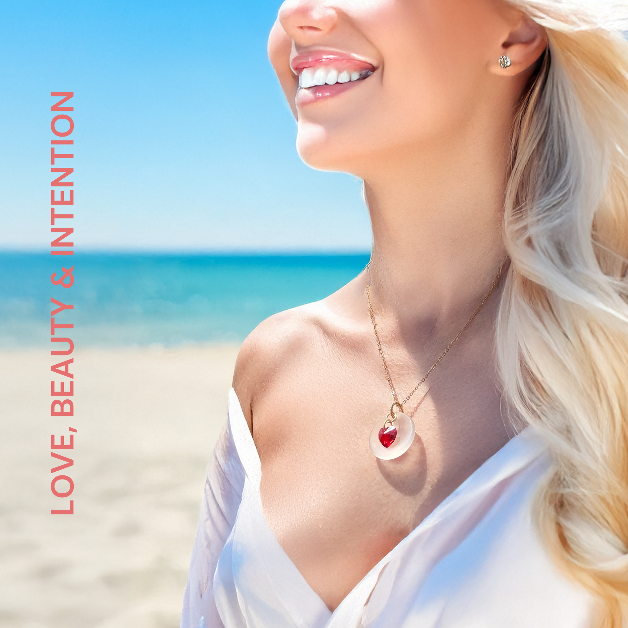 Cultured sea glass (crafted from natural sand), red crystal heart, 18" stainless steel gold-tone chain SIZE: 1" moon charm pendant, 18" inch necklace. ORIGIN: Handcrafted in Florida, USA