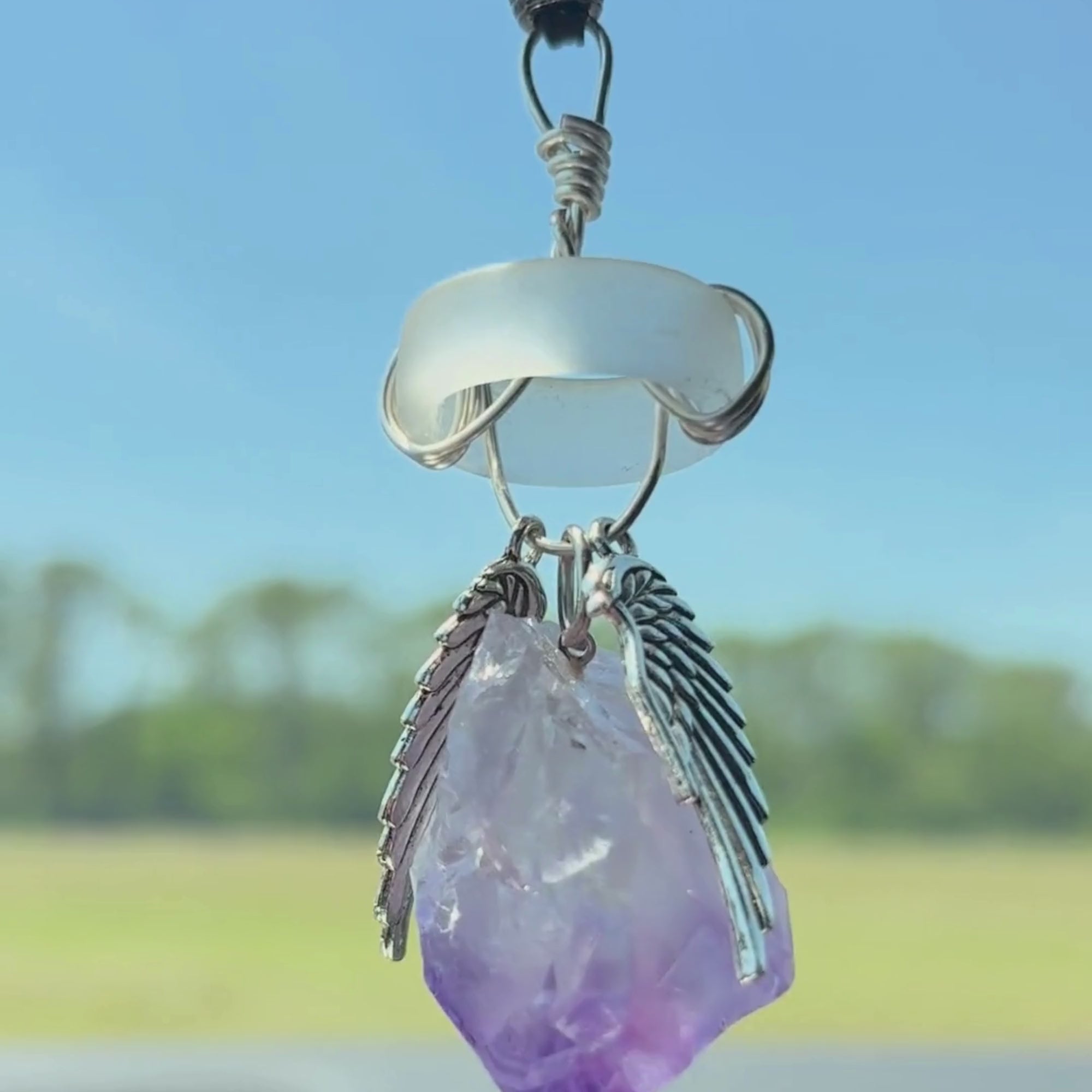 Amethyst Angel Wings Car Charm: Sea Glass Amulet - Travel Protection