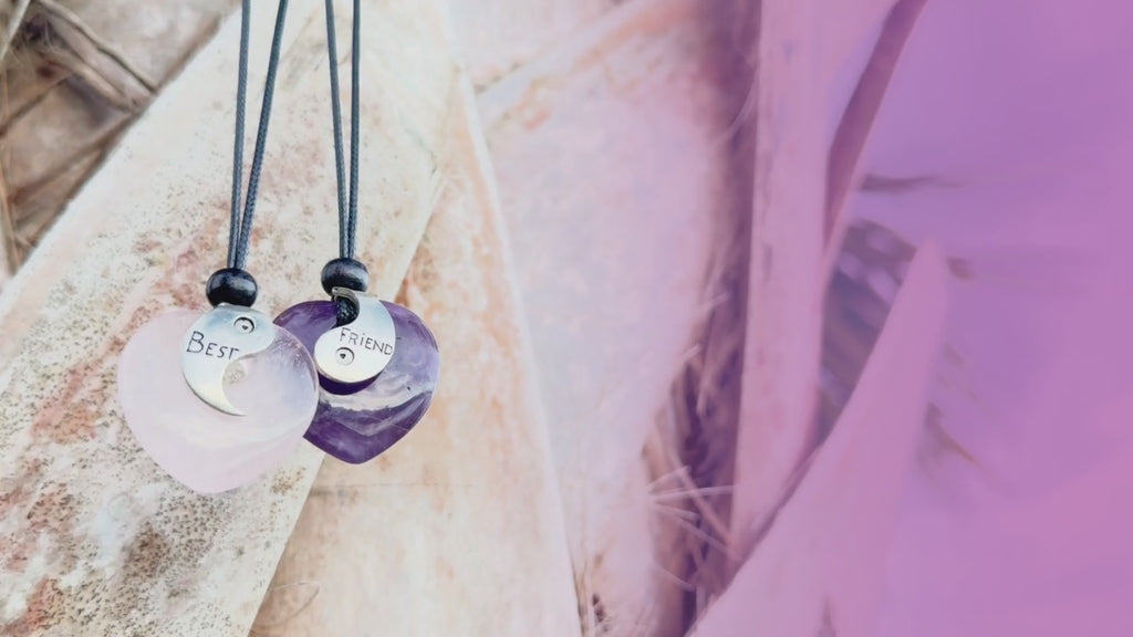 Amethyst and Rose Quartz Puffy Crystal Heart Donuts - Yin Yang Good Luck Friendship Amulets