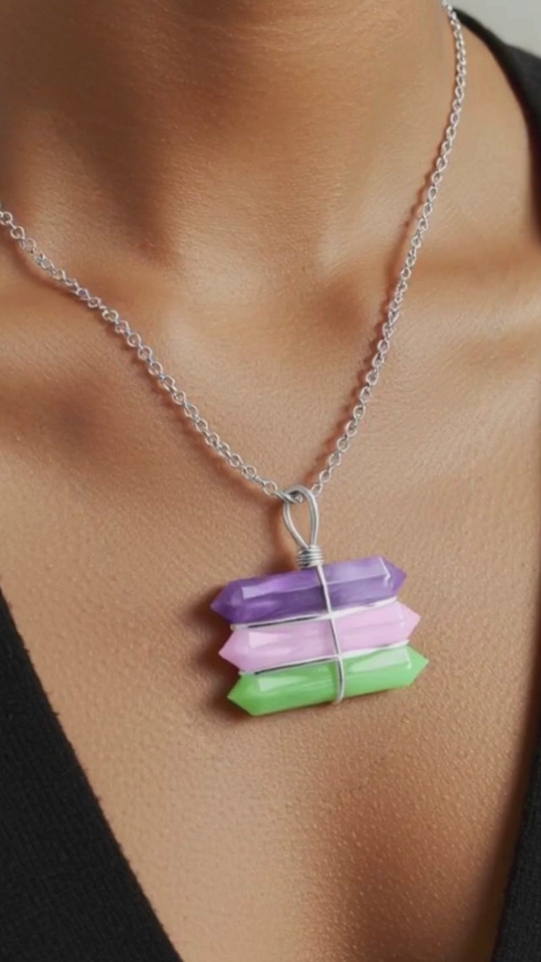 Triple Crystal Point Necklace - Amethyst, Rose & Green Quartz Amulet