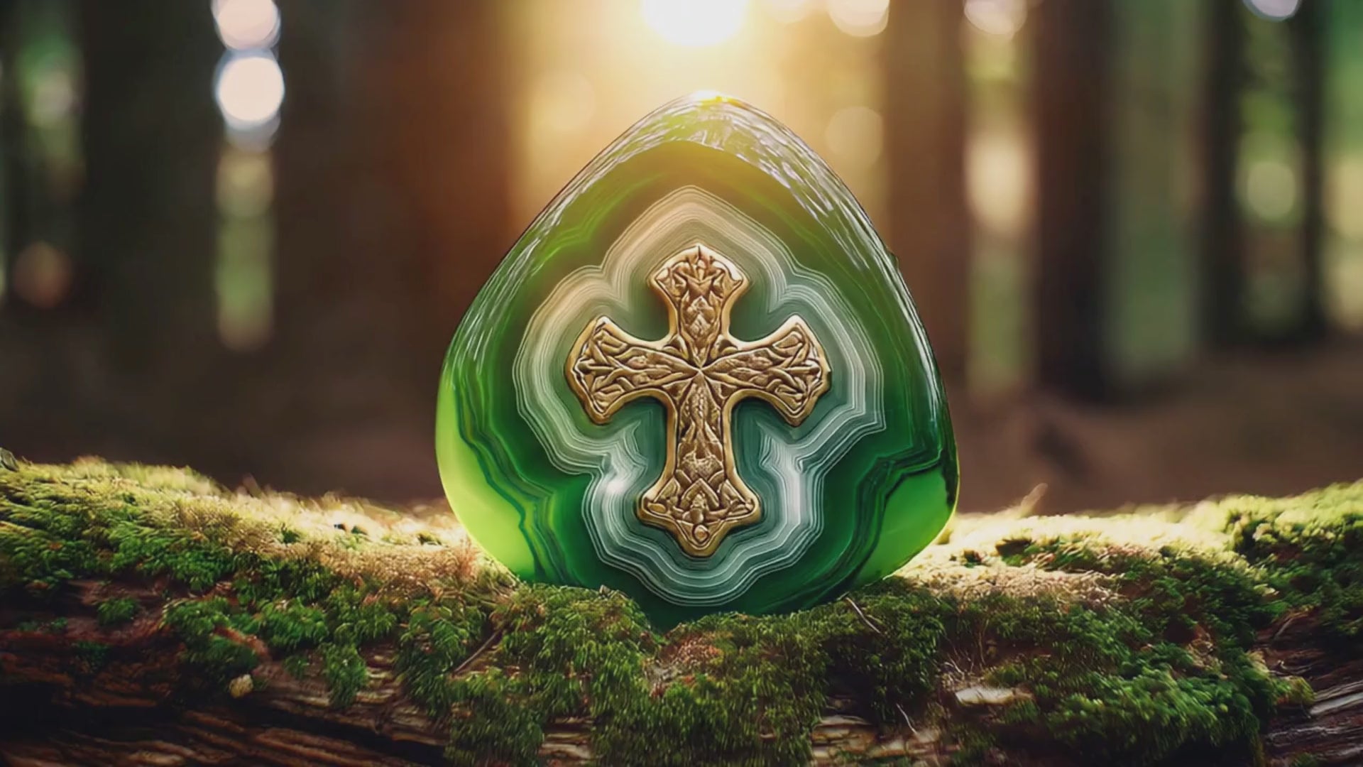 Celtic Cross Amulet in Green Moss Agate - 18 Inch Necklace - Fortune Donut Gemstone