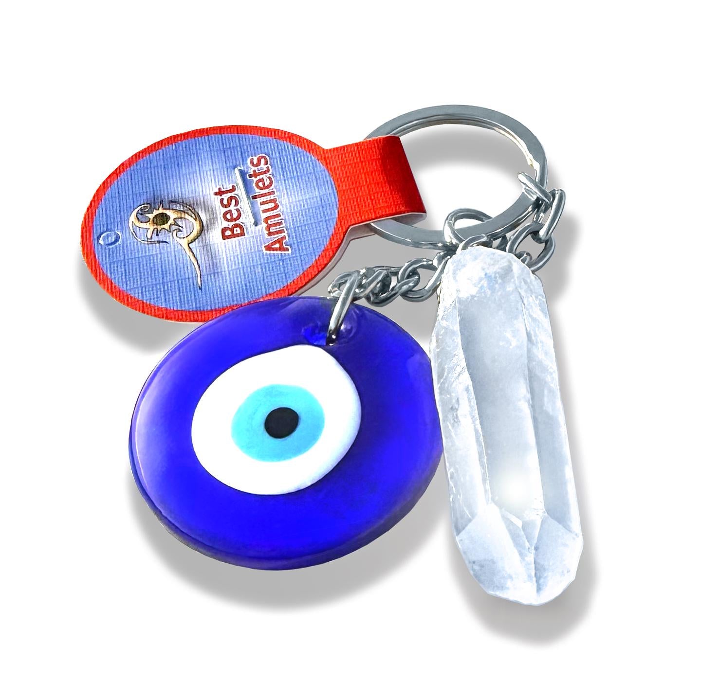 Evil Eye Keychain - Brazilian Quartz Crystal Amulet - Spiritual Protection Key Fob