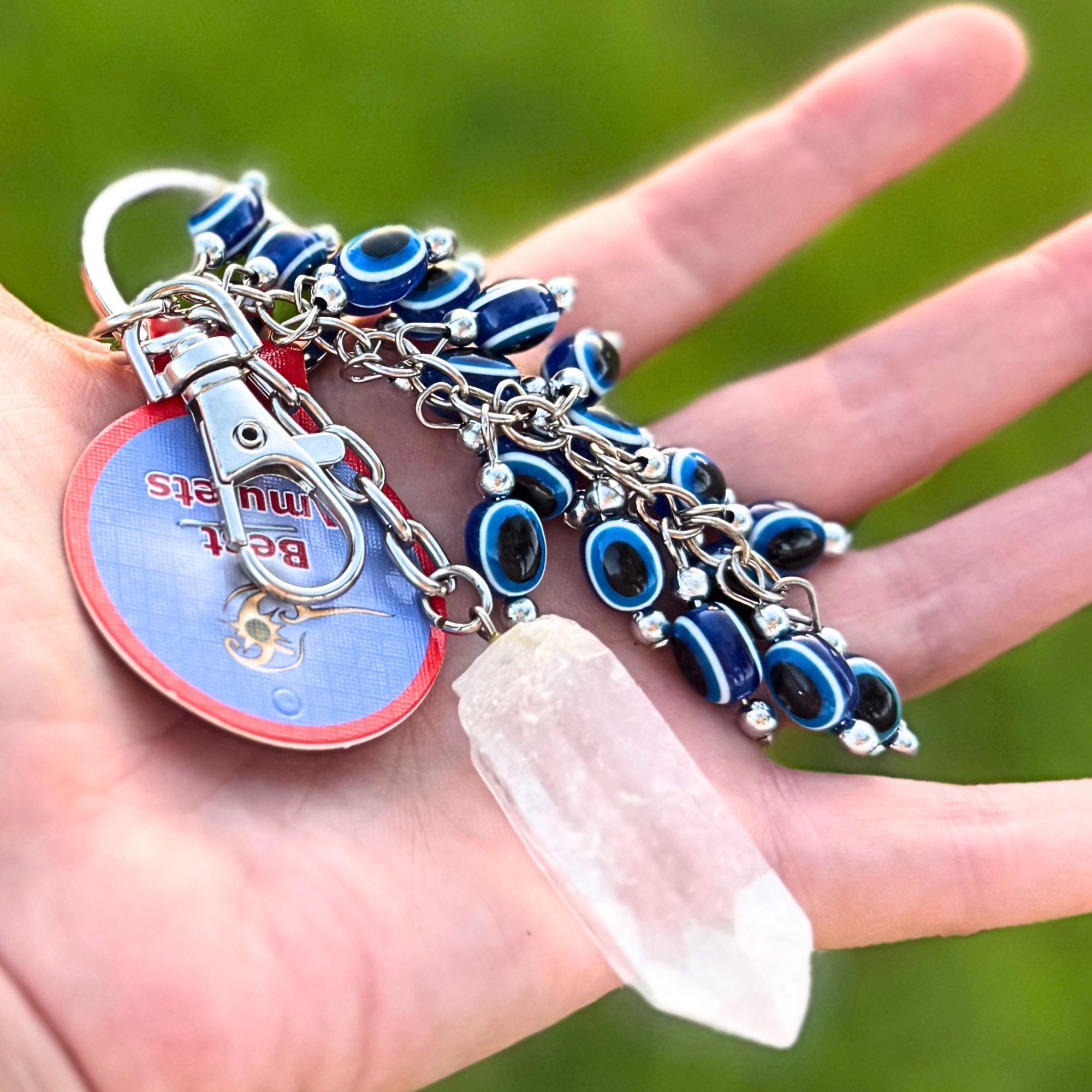 Evil Eye Keychain - Brazilian Quartz Crystal Amulet - Spiritual Protection Key Fob