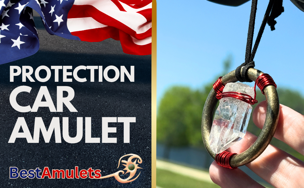 Quartz Crystal Car Charm - Antique Brass Celtic Trinity Red Triquetra Amulet