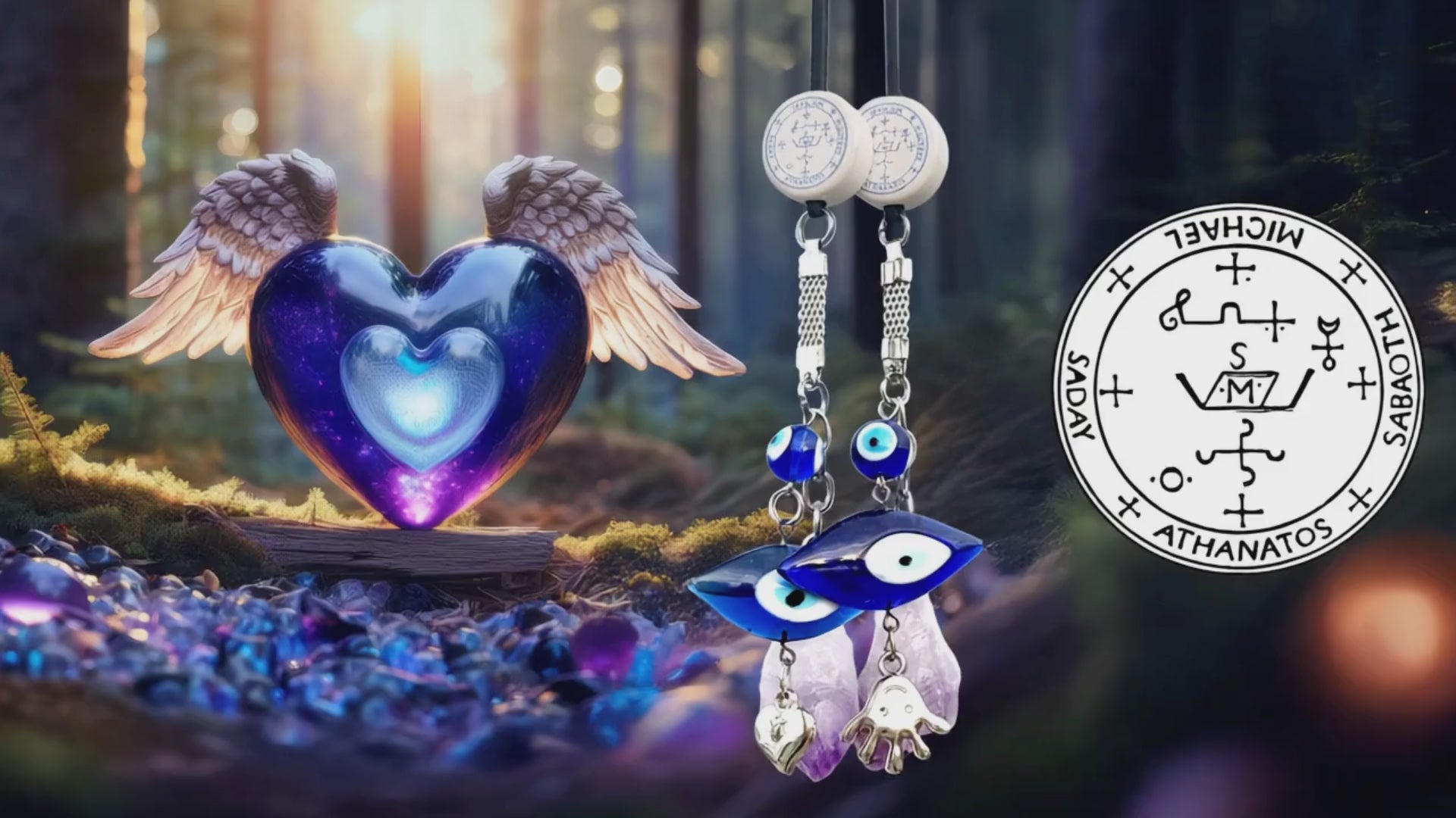 Archangel Michael Car Charm: Amethyst Evil Eye Amulet - King Solomon Sigil