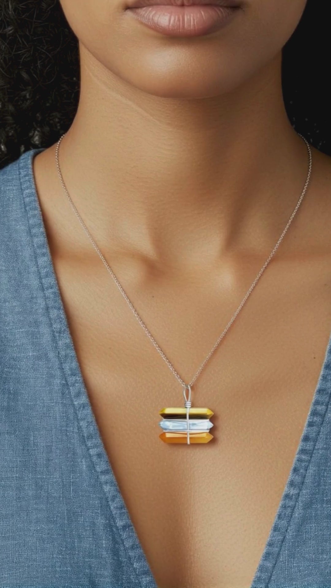 Triple Crystal Point Pendant Necklace - Tiger Eye, Quartz and Carnelian